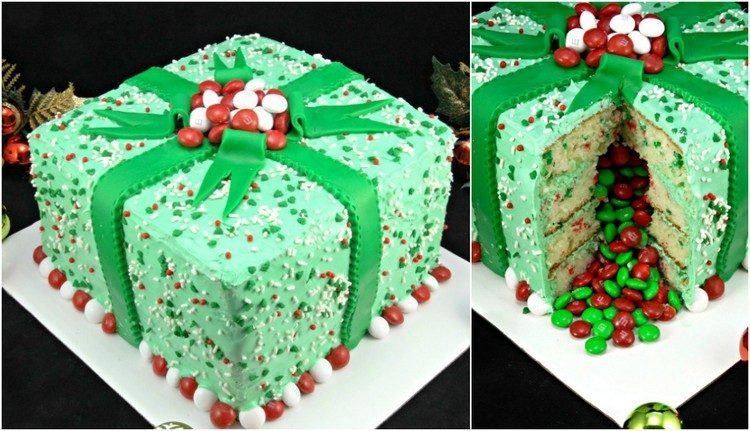 tårta-med-en-överraskning-jul-present-m-och-m-tårta