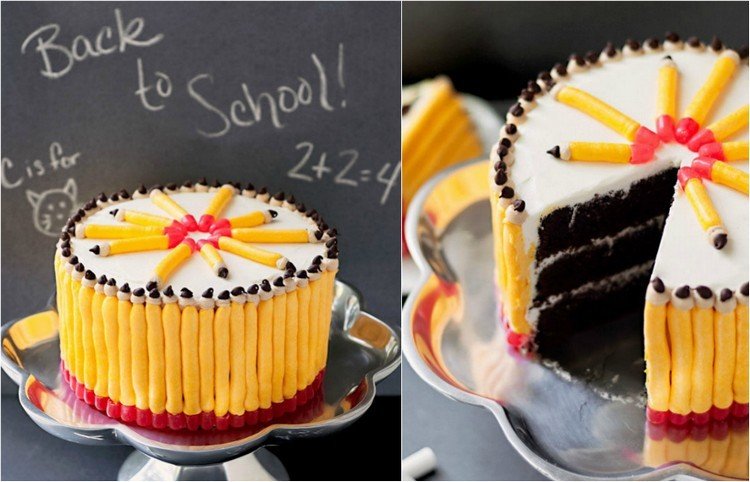 Tårta för inskrivning i skolan motiv-tårta-tillbaka-till-skolan-tårta dekoration-penna-idé