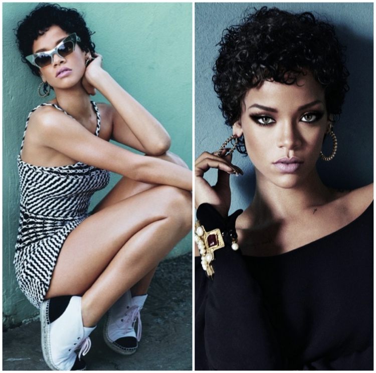 Pixie frisyr av Rihanna med lockigt hår