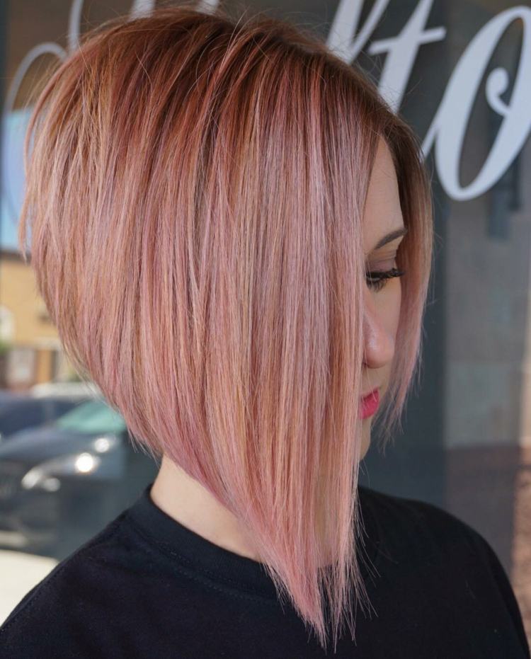 hårfärg rosa en linje bob asymmetriska korta frisyrer 2018 kvinnor