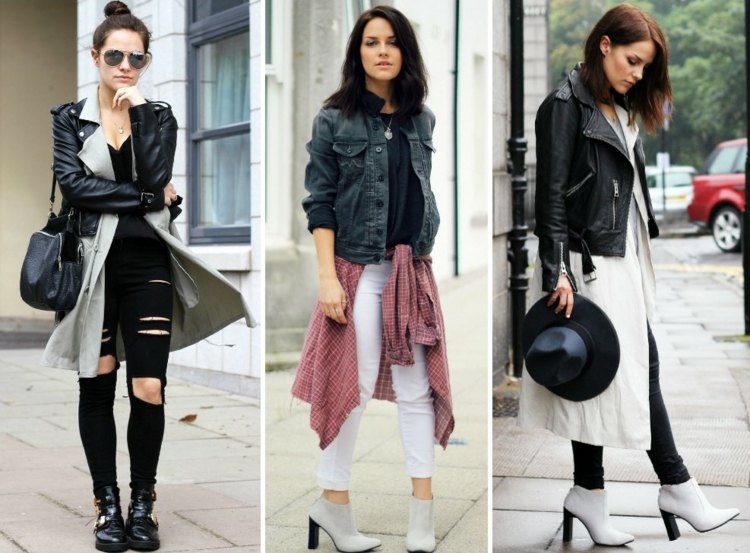 Lagenlook-mode-idéer-vår-lager-svart-läder-jacka-lång kofta-revna-jeans-vita-fotled stövlar-pläd-skjorta