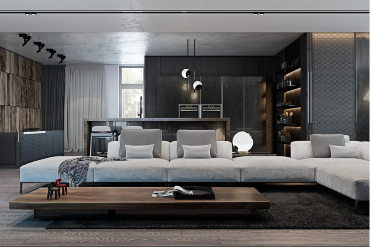 Laminat i grå-trä väggpanel-modernt-vardagsrum-soffa-klädsel-velour-öppet kök