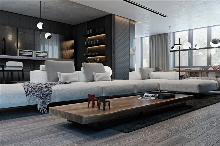 Laminerat i gråväggsbeklädnad-struktur-modernt-vardagsrum-hörnsoffa-soffbord-platt