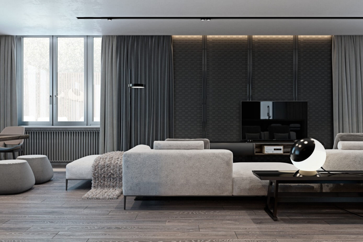 laminat-grå-antracit-struktur-väggbeklädnad-modernt-vardagsrum-indirekt-belysning-gardiner