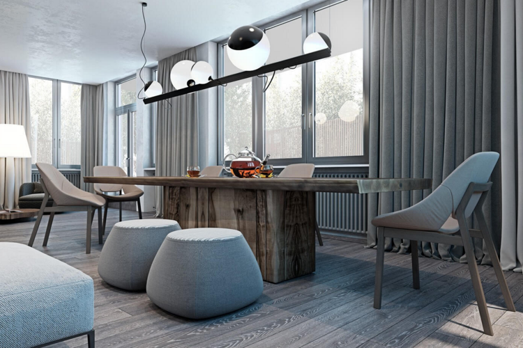 laminat-grå-trä-matbord-modern-design-lampor-stolar-gardiner-ogenomskinlig