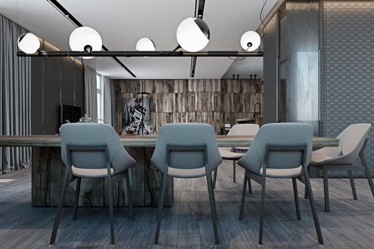 laminat-grå-trä-väggbeklädnad-modern-matbord-design-ljus-stolar
