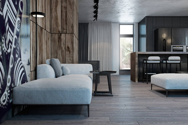 laminat-grå-trä-väggbeklädnad-modernt-vardagsrum-sittplatser-klädsel-tapperhet