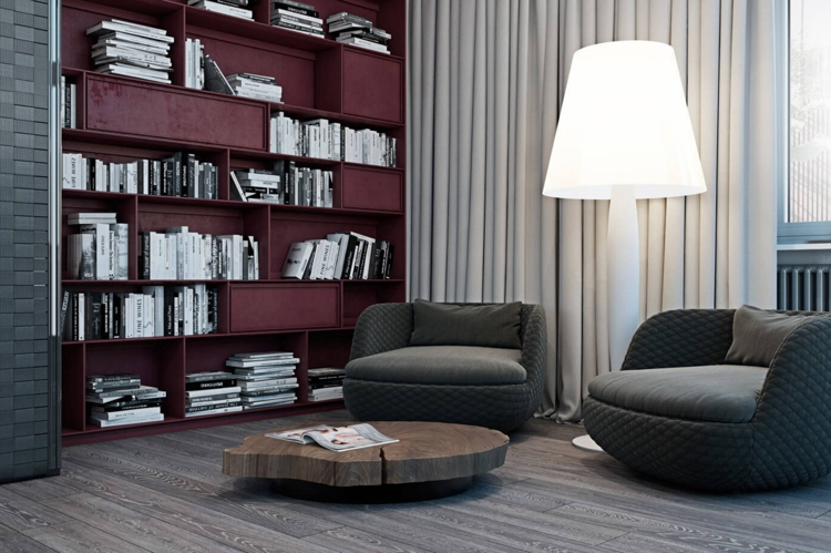laminat-grå-bokhyllor-väggbeklädnad-modern-läsning-hörn-bordo-golvlampa