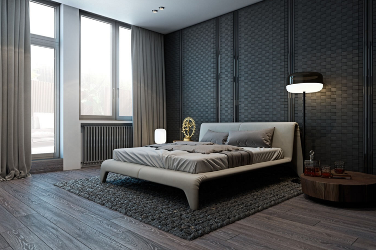 laminat-grå-antracit-grå-väggbeklädnad-modern-sovrum-stoppad säng