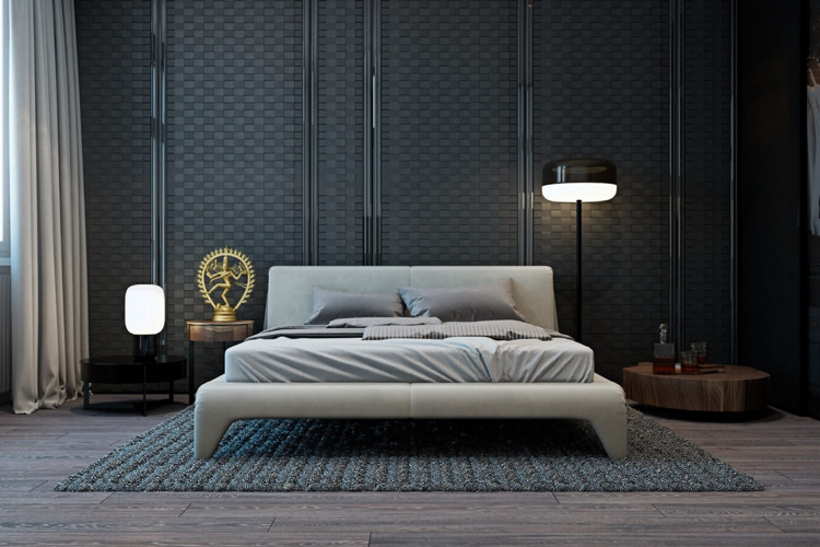 laminat-grå-antracit-struktur-väggbeklädnad-modern-sovrum-säng