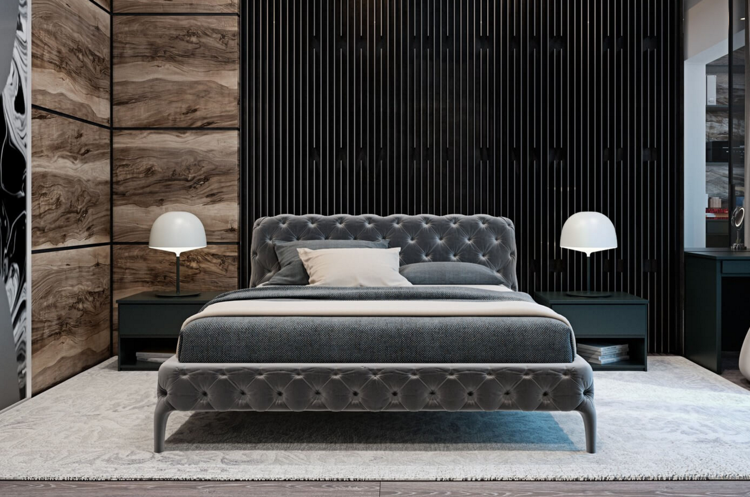 laminat-grå-trä-väggbeklädnad-modern-struktur-sovrum-stoppad säng-tovad