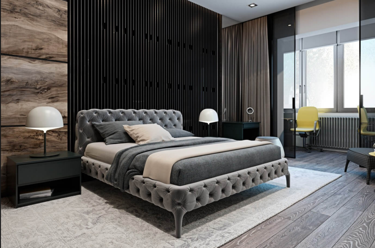 laminat-grå-trä-väggbeklädnad-modern-lamellstruktur-sovrum-stoppad säng-tuftad