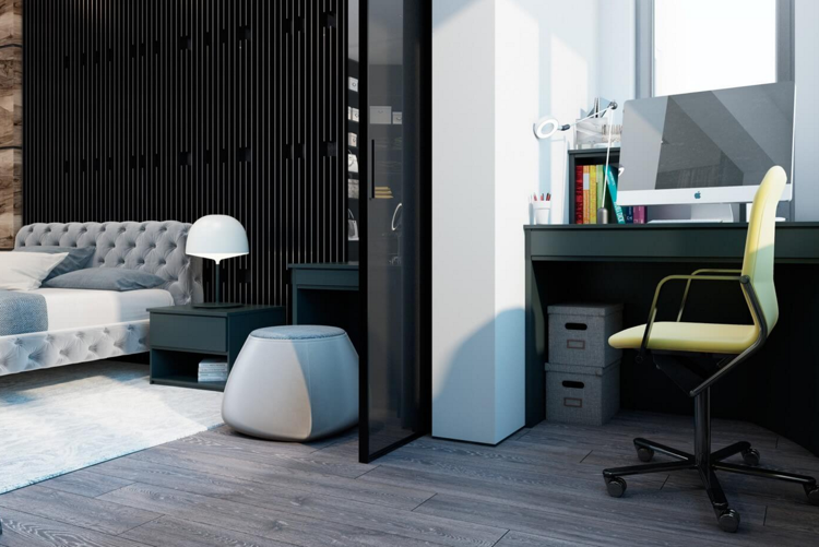 laminat-grå-väggbeklädnad-modernt-sovrum-stoppad säng-arbetsstation-snurrstol