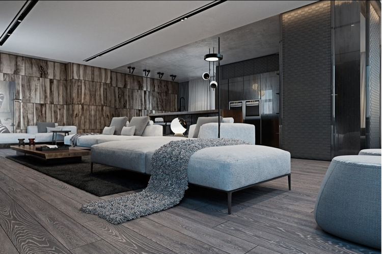 Laminat i grå träväggbeklädnad-modern-soffa-öppet kök