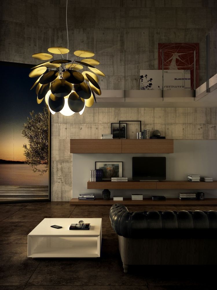 lampa runda tallrikar svartguld sidobord levande vägg