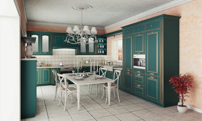 kök lantlig stil blå-grön elegant design vit matbord kakel