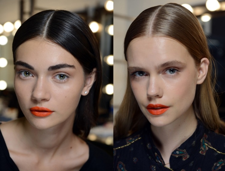 långa frisyrer-2015-mitten avsked-snygg-bang-orange-läppstift
