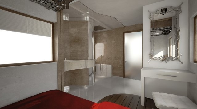 Sovrum badrum integrerat-automatiskt flybridge-med lounge möbler