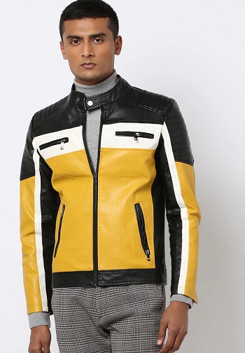 Colorblock Yellow and Black Slim Fit Biker Jacket για άνδρες