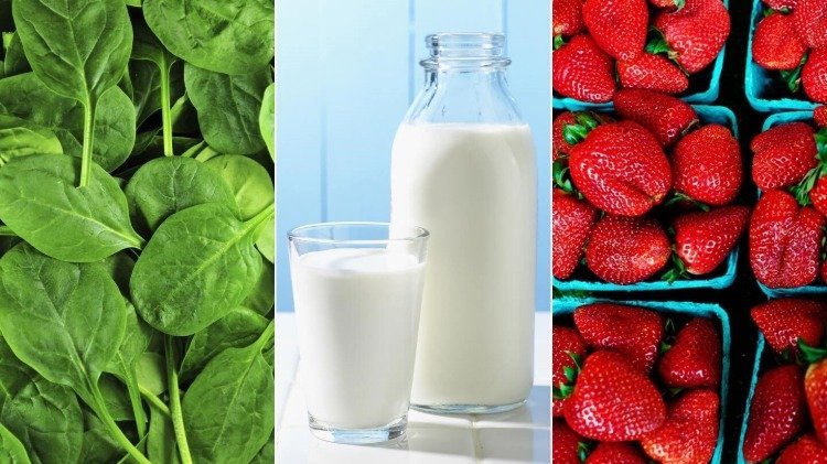 Kombination av mjölk, bladgrönsaker och jordgubbar för munhälsa och vita tänder