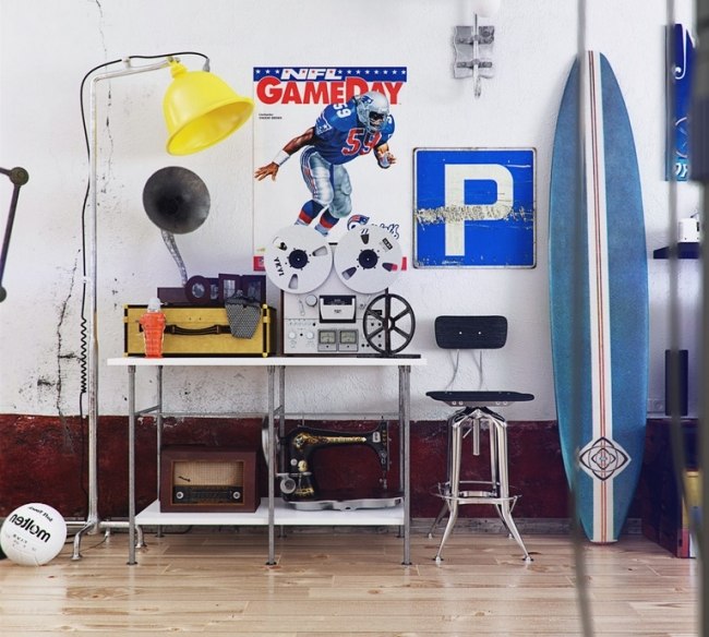 Dekoration industriell chic retro-vintage pop-art skivspelare surfbräda sändare