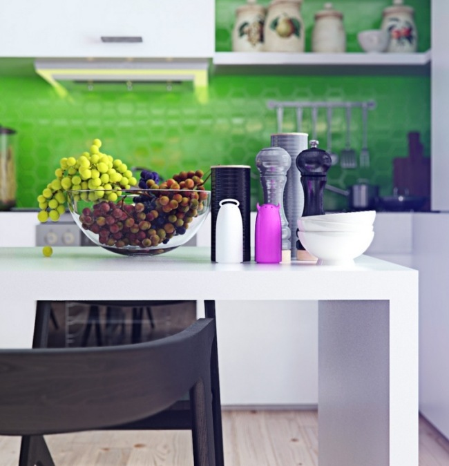 Designkök ljusgrönt kök bakvägg-matbord modernt vitt-minimalistiskt