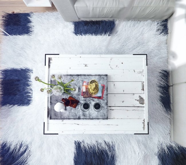 Soffbord modern design återvunnet trä-vintage vit-shaggy matta-vardagsrum tendenser