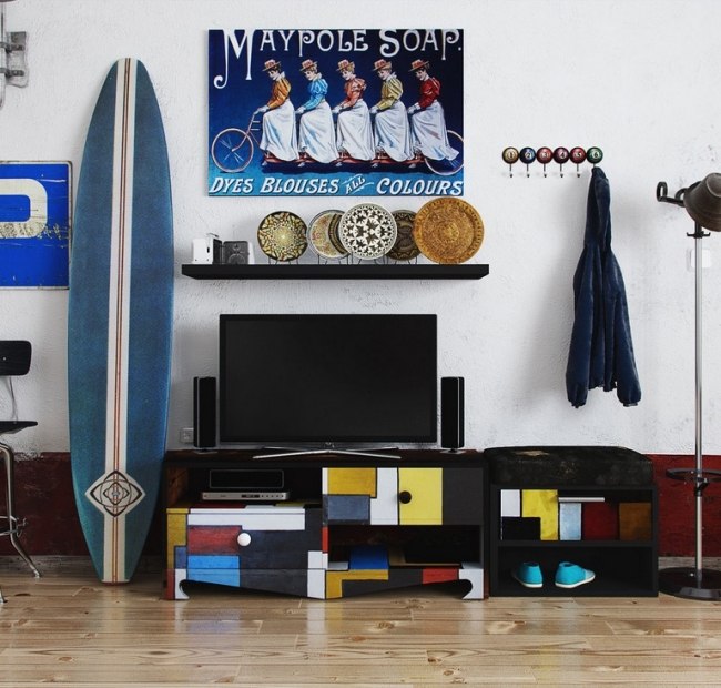 TV-möbeldesigninspirerade Mondrian-kappkrokar vägginredning 3D-visualisering
