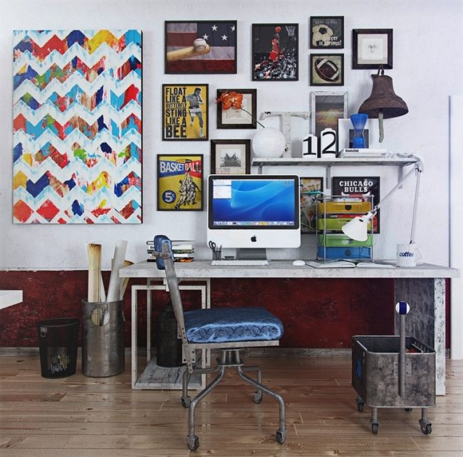 Pop Art Wall Decor-Industrial Chic Interior Design-Office Chair on Castors-Home Office Parket Floor