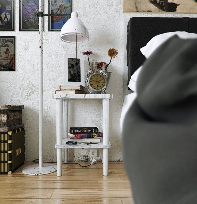 Sovrumsdesigntrender vintage-sängbord-golvlampa-golvlaminat-3d
