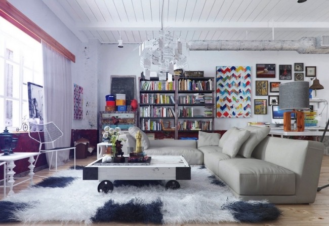 Bohemian living style COLORS interiör vardagsrum-3d visualiseringar-shaggy matta-hem tillbehör
