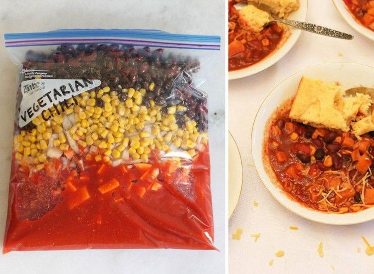 Recept för att förbereda och frysa vegetarisk chili i fryspåsar