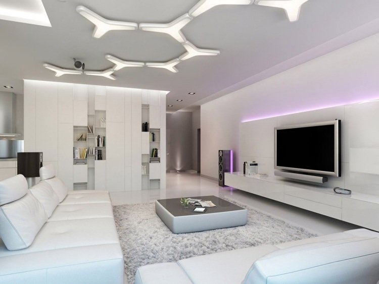 led-belysning-rent-vitt-vardagsrum-lila-ljus-levande vägg