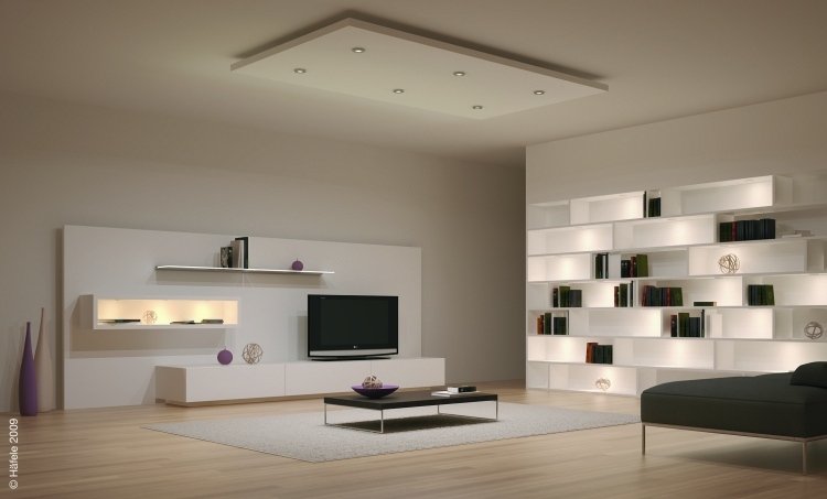 led-belysning-vardagsrum-idéer-tv-levande vägg-bokhyllor