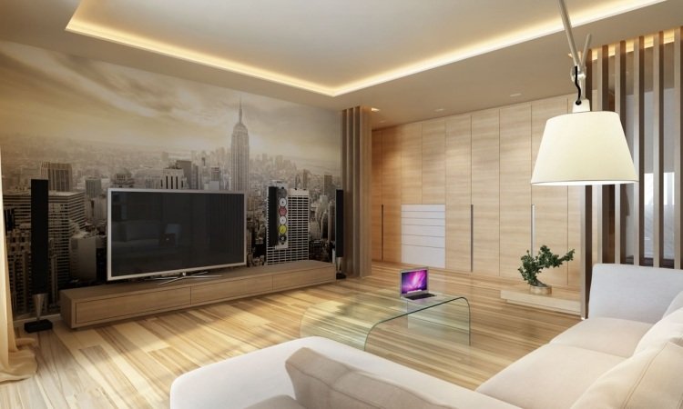 indirekt ledbelysning i vardagsrummet ljus-trä-fototapet-new-york-skyline