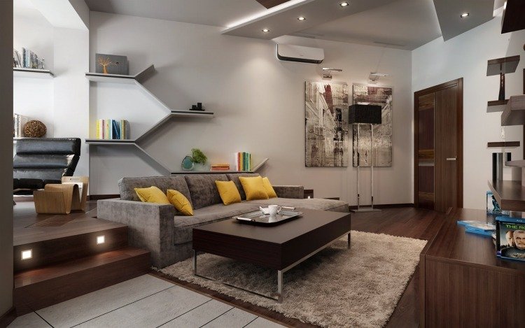 öppet-vardagsrum-modern-möbler-led-belysning-tak fläckar
