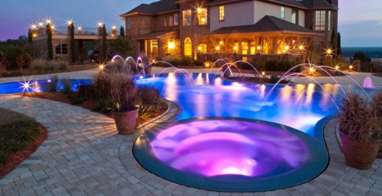 led trädgård belysning pool bubbelpool sten trottoaren blå rosa