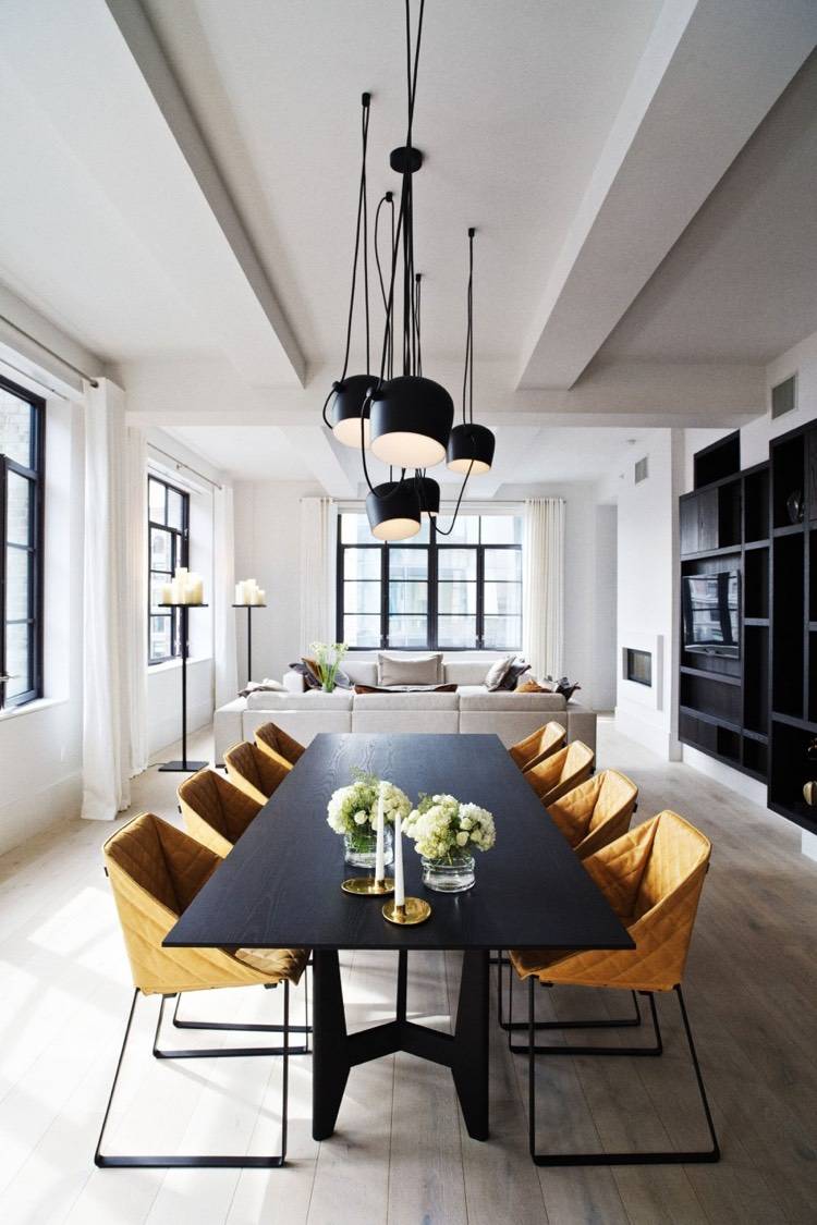 led-hängande-lampa-sikt-matbord-svart-oker-gul-fåtölj