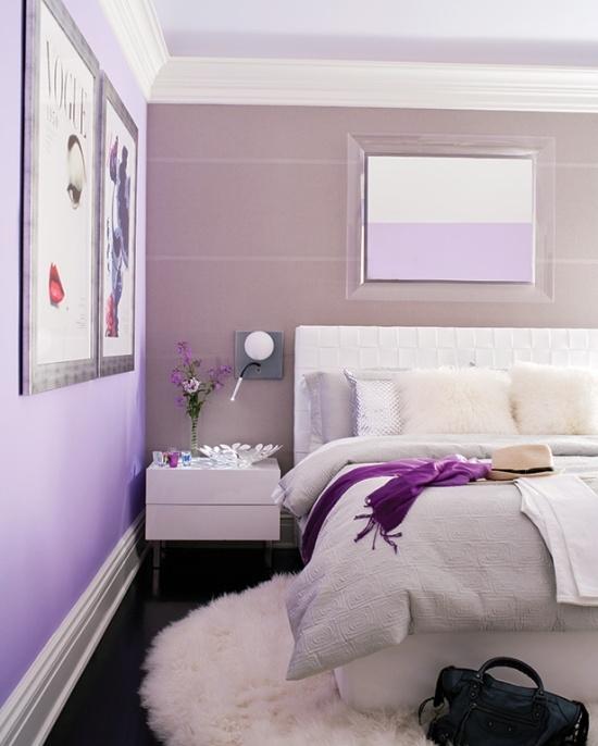 pälsmatta sovrumsdesign i lila färg