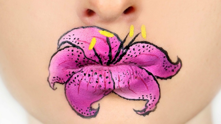 läppar-smink-lilja-idé-blommigt-motiv-rosa-ansikte-deco