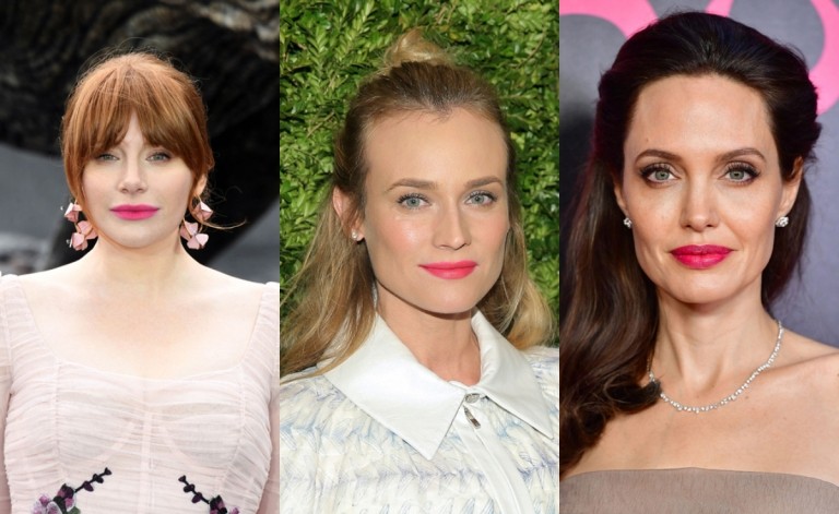 Läppstift i ljusrosa läppar betonar Angelina Jolie Diane Kruger