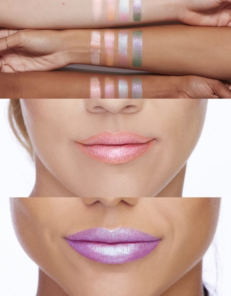 Läppstift i ljus färg enhörning metallic nyans lila persika