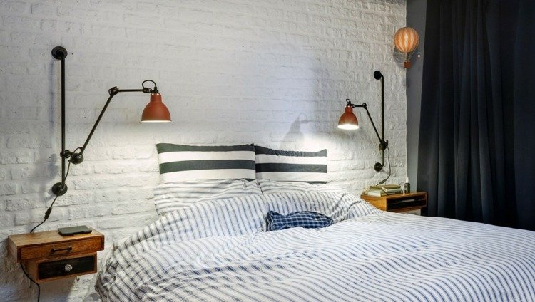 loft betong klinker säng design modern sängbord gardin blå möbler