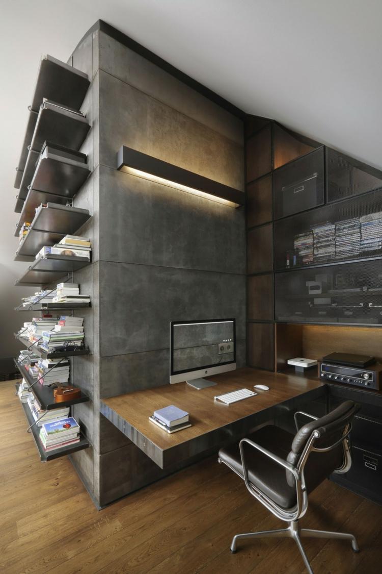 loft betongklinker möbler kontor skrivbord stol dator