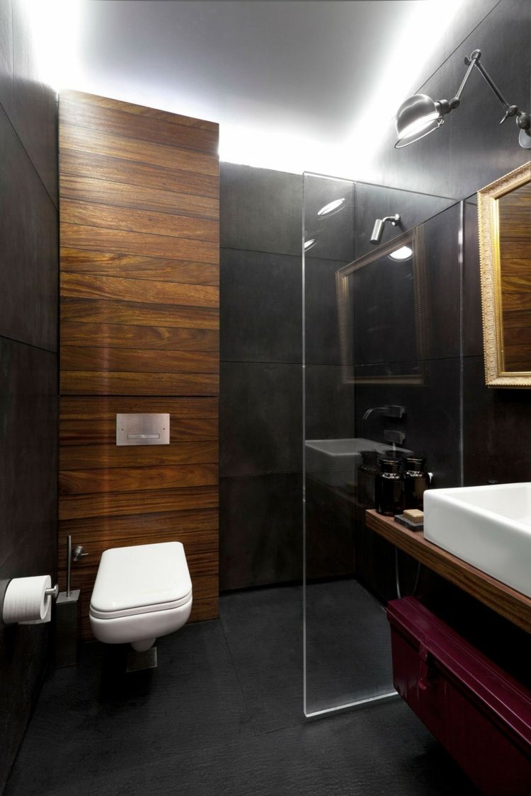loft betongklinker badrum modernt mörkt trä accenter väggbeklädnad