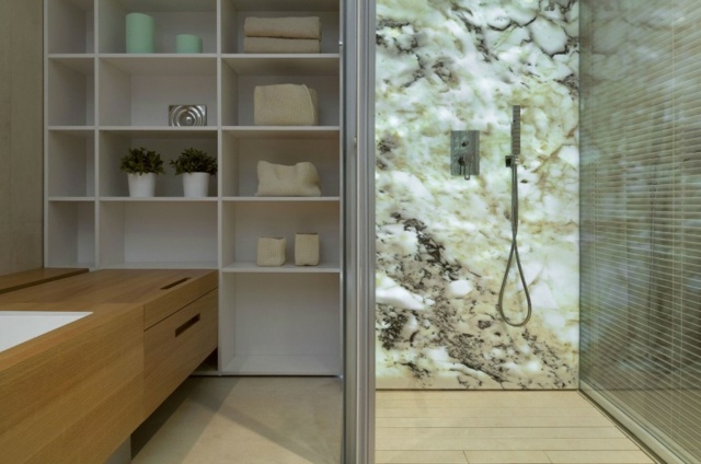 Hyllor-blommig dekor-dusch-bar-marmor-vägg-interiör-persienner