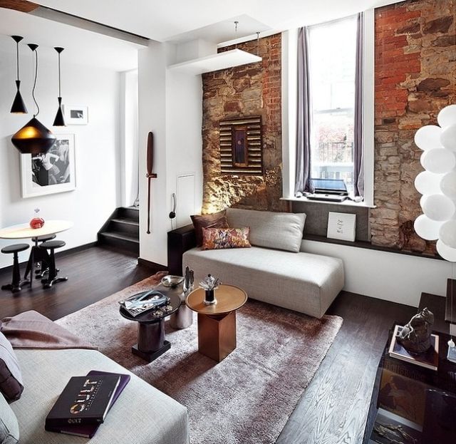 modern lägenhet-loft stil-tegel vägg soffa uppsättning hängande lampor design