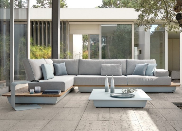 Lounge trädgårdsmöbler trä-soffa-ram-terrass-soffbord