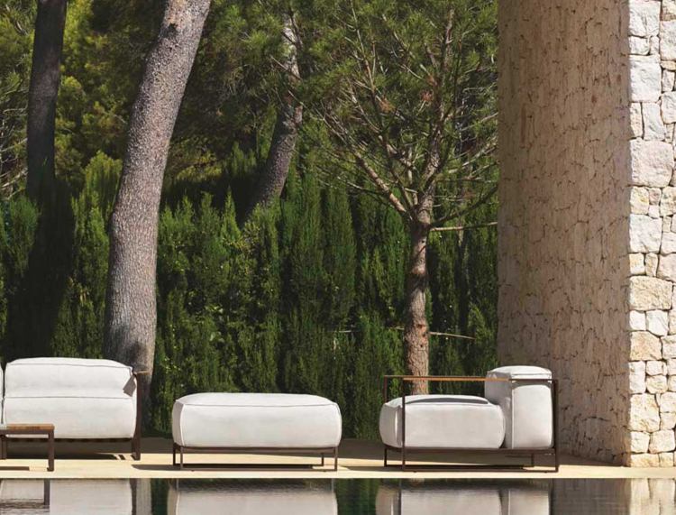 lounge möbler trädgård italienska sidobord metall ben linne tyg klädsel