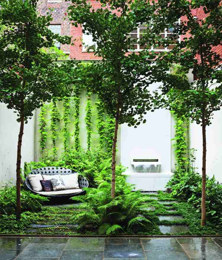 Bullerskydd för trädgården -moderna-vita-träd-grönt-stadsglas